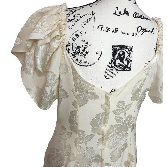 Vintage 80s Satin Chiffon Puff Sleeve Drop Waist Dress Size 16 Formal Wedding - Picture 4 of 16